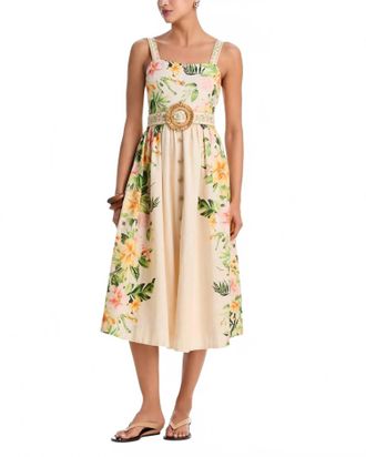 Moon River Belted Floral Midi Dress In Cream Multi