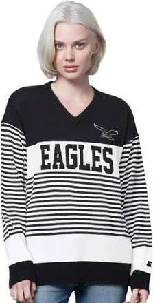 Starter Womens Starter Black Philadelphia Eagles No Huddle Striped V-Neck Sweater at Nordstrom, Size Xx-Large