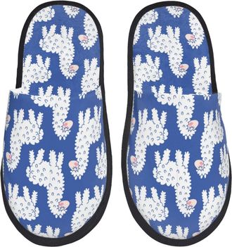 Generic Hotel Slippers Cute Cartoon Lama Alpaca Blue Breathable Fluffy Slippers Furry House Shoes For Women Indoor Holiday M