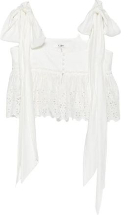 Chlo&eacute; Katoenen Broderie Anglaise Strik Top - Dames - Blouses - Wit - M - Katoen - Overhemden