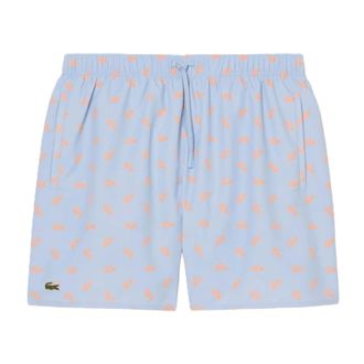 Lacoste Beachwear, male, Blue, Size: S Mid Length Crocodile Print Swim Trunks