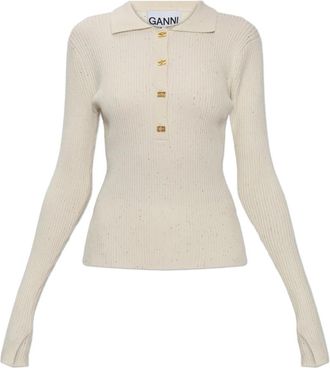 Ganni Fijne Gebreide Polo met Pailletten - Dames - V-hals truien - Beige - L - Pailletten - Truien & Vesten