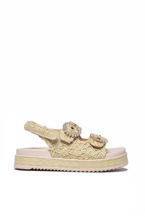 Emanuelle Vee Beige Raffia Rubber Sole Wedge Sandal