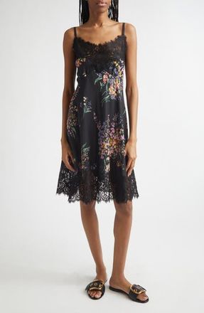 Dolce & Gabbana Floral Bouquet Print Lace Trim Habutai Silk Minidress in Mazzi Fiori Fdo.nero at Nordstrom, Size 12 Us
