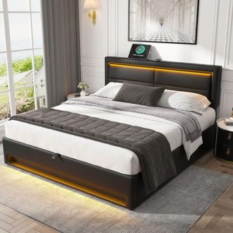 C&A Black Upholstered 135x190cm Double Bed with USB Port,LED Lighting,and Storage(No Mattress)