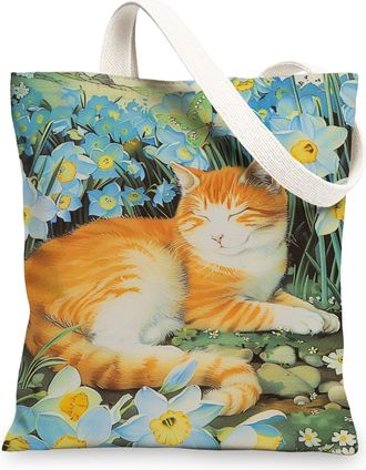 Generic Cat Canvas Tote Bags, Cute Feline Floral Pattern Reusable Grocery Bags, Vintage Art Lightweight Washable Shoulder Strap Canvas Bags for Gym Outdoor Tr