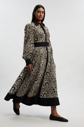 Karen Millen Womens Mono Cutwork Woven Maxi Shirt Dress - Monochrome Multi - Size 12 UK