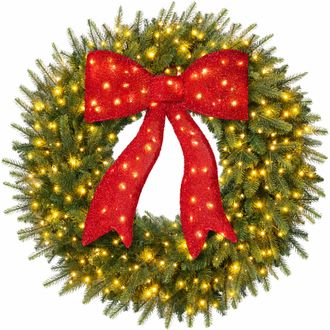 Best Choice Products 24x24in Large Aspen Christmas Wreath Pre-lit Bow XL Realistic Outdoor w/ 70 Twinkling LEDs