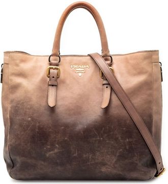 Prada Beige Gray Leather Shoulder Bag Tote Bag (Pre-Owned)