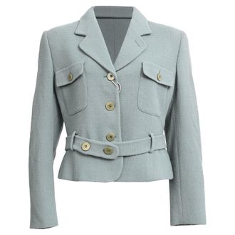 Giorgio Armani Belted Single-Breasted Cropped Blazer in Green Wool