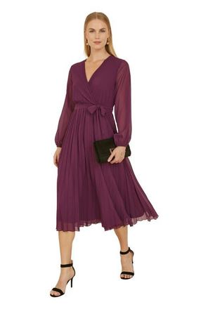 Yumi Long Sleeved Pleated Midi Wrap Dress in Plum at Nordstrom, Size 6