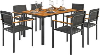 OUTSUNNY Set da Esterno con Tavolo da Pranzo e 6 Sedie Impilabili Teak