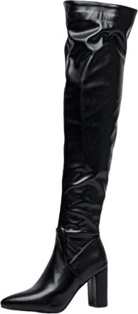 Generic Womens Block High Heel Over The Knee Boots Pointed Toe Slouch Long Boots PU Leather Thigh High Boot with Zipper,Black,3.5 UK