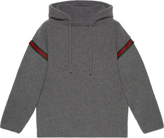 Gucci Tape Logo Knit Hoodie - Heren - Ronde hals truien - Grijs - S - Wol - Truien & Vesten