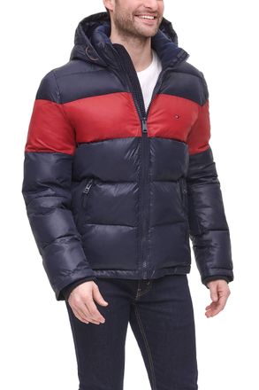 Tommy Hilfiger Mens Hooded Puffer Jacket (Standard and Big & Tall) Down Alternative Coat, Navy/Red Colorblock, XL