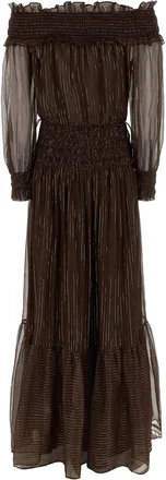 Self Portrait Off-Shoulder Georgette with Lam&eacute; Dress - Brown