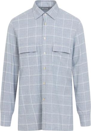 Kiton Flanellen Shirt - Heren - Casual Overhemden - Blauw - XL - Katoen - Overhemden