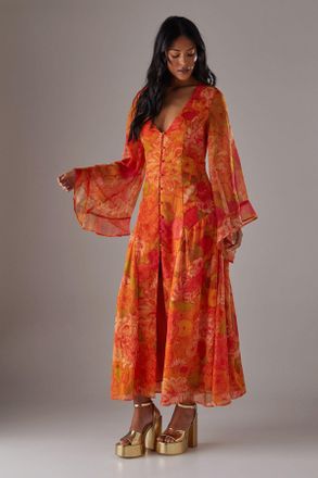 Warehouse Womens Chiffon Bohemian Button Through Maxi Dress - Orange - Size 12 UK