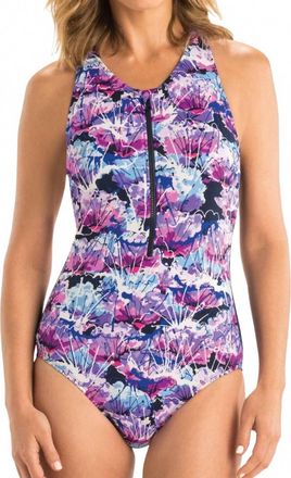 Dolfin Chlorine Resistant Zip Up Racerback One Piece Swimsuit In Dol Lotus