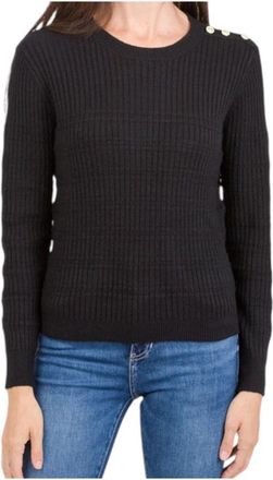Kocca Zwarte Geribbelde Trui met Decoratieve Knopen - Dames - Ronde hals truien - Zwart - XS - Polyester - Truien & Vesten