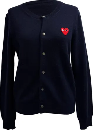 Comme Des Gar&ccedil;ons Comme Des Gar&ccedil;ons Play Heart Logo-Patch Cardigan in Navy Blue Wool