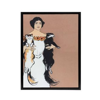 Artery8 Woman Holding Two Cats Drawing Framed Canvas Wall Art Print Penfield in Pink | Size: W24 x H32