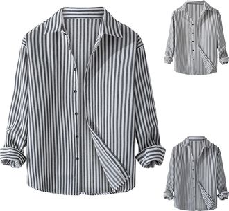 Generic Mens Work Shirts Long Sleeve Mens Black Stripe Shirt Pinstripe Color Block Shirt Comfortable Plaid Shirt Smart Casual Tops for Office Daily Business T