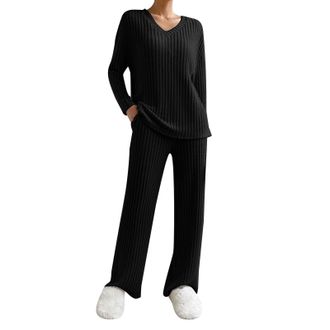 Generic DGHM Lounge Wear Sets for Women UK Ladies Ribbed 2 Piece Outfit Leisure Co Ord Sets Tracksuit Full Set V Neck Long Sleeve Pyjamas Top and Wide Leg Tro