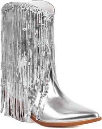 Generic Womens Metallic Tassel Cowgirl Boots Mid Calf Pull On Pointed Toe Chunky Heel Winter Party Dress Shoes (Silver,5.5)