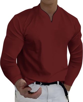 Generic Men Spring Spring &Winter Casual V Neck Solid Long Sleeve Tee Shirt Top Blouse Work Shirts for Men (Red, XXXL)
