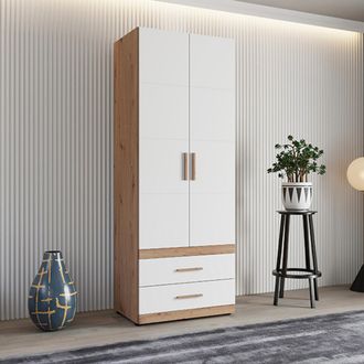 Dmora Guardarropa 2 Puertas Tilcara, Armario Dormitorio, Perchero, 2 Cajones, Un Estante, 79x208h Cm Blanco Mate