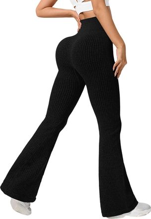 Generic Flared Leggings for Women High Waisted Tummy Control Gym Leggings Scrunch Butt Lifting Sports Yoga Pants Womens Seamless Ribbed Knit Joggers Running C