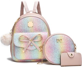 I Ihayner Girls Bowknot 3-Pieces Fahsion Leather Backpack Backpack Purse for Women Rucksack for Ladies Shoulder Bag Glitter Pink