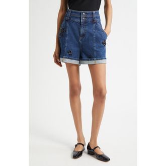 Cinq &agrave; Sept Embellished Cuffed Denim Shorts in Oceane at Nordstrom Rack, Size 14