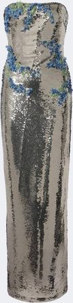 Monique Lhuillier Floral-appliqu&eacute; sequined bustier gown