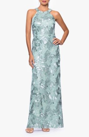 Betsy & Adam Sequin Floral Sleeveless Gown in Sage at Nordstrom, Size 16