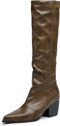 Generic Womens Fashion Pleated Knee High Riding Boots Pointed Toe Chunky Heel Pull On Winter Versatile Shoes (5.5,Khaki)