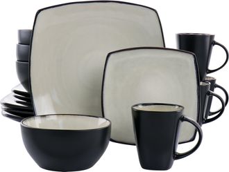Gibson Home 16 Piece Square Stoneware Dinnerware Set in Sand