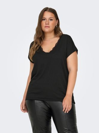 Only Carmakoma T-Shirt ONLY CARMAKOMA CARMOSTER S/S LACE V-NECK TOP JRS, Damen, Gr. XL, schwarz, Jersey, Obermaterial: 75% Viskose, 20% Polyester, 5% Elasthan, unifa