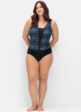 Sheego Badeanzug SHEEGO, Damen, Gr. 40, Cup F, schwarz (schwarz, bedruckt), Elasthan, Polyamid, Badeanz&uuml;ge Badeanzug