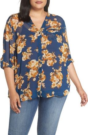 Kut from the Kloth Jasmine Roll Sleeve Top in Navy/mustard at Nordstrom, Size 3X