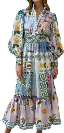 Generic Summer new womens elegant printed painted fashion long-sleeved dress - picture color - M