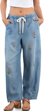 BILLY T Floral Embroidered Barrel Leg Pants in Washed Blue at Nordstrom, Size X-Large