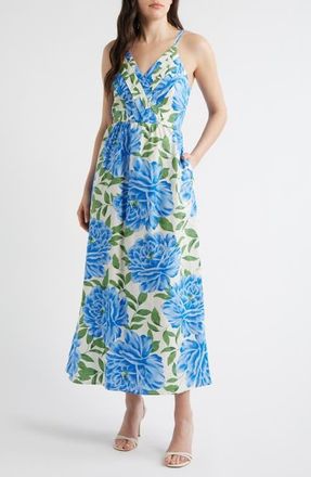 CeCe by Cynthia Steffe Floral Cotton Midi Dress in Deep Marine at Nordstrom, Size X-Small