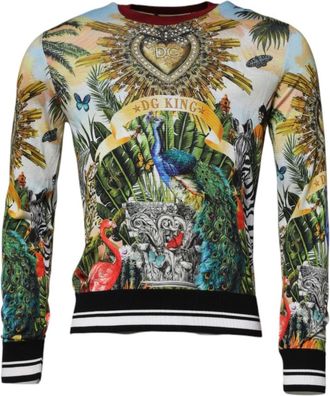 Dolce & Gabbana Jungle Print Zijden Pullover Trui - Heren - Ronde hals truien - Veelkleurig - S - Truien & Vesten