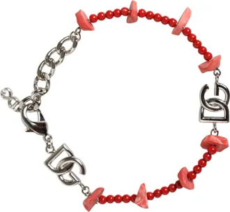 Dolce & Gabbana Womens Silver Tone Brass Beaded Resin Dg Logo Chain Bracelet Real