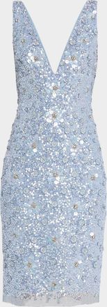 Aidan Mattox Deep V-Neck Bead & Sequin Dress