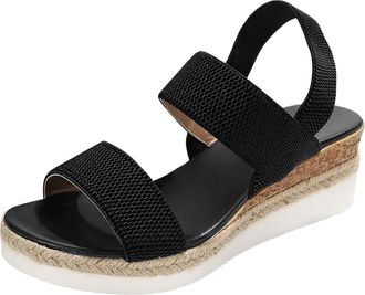 Generic 2026 Ladies Summer Casual Solid Color Stretch Strap Slope Heel Thick Bottom Set Foot Large Size Sandals (Black, 3.5)