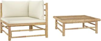 vidaXL 2 Piece Garden Lounge Set with Cream White Cushions Bamboo 3144