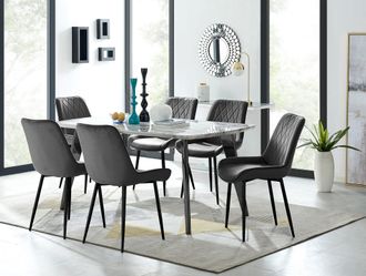Furniturebox Andria White Marble Effect & Black Leg 6 Seater Dining Table & 6 Pesaro Soft Velvet Chairs